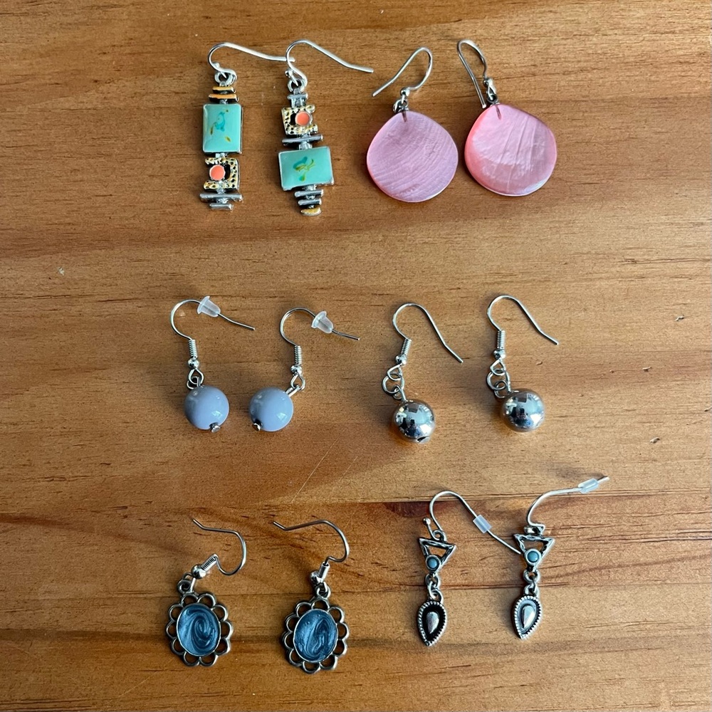 BOGO Bundle of Six Pairs of Hook Dangle Earrings Silver Tone